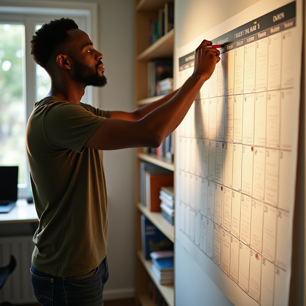 Person building a habit tracker wall chart in a home office, marking consistent daily progress with focused determination
