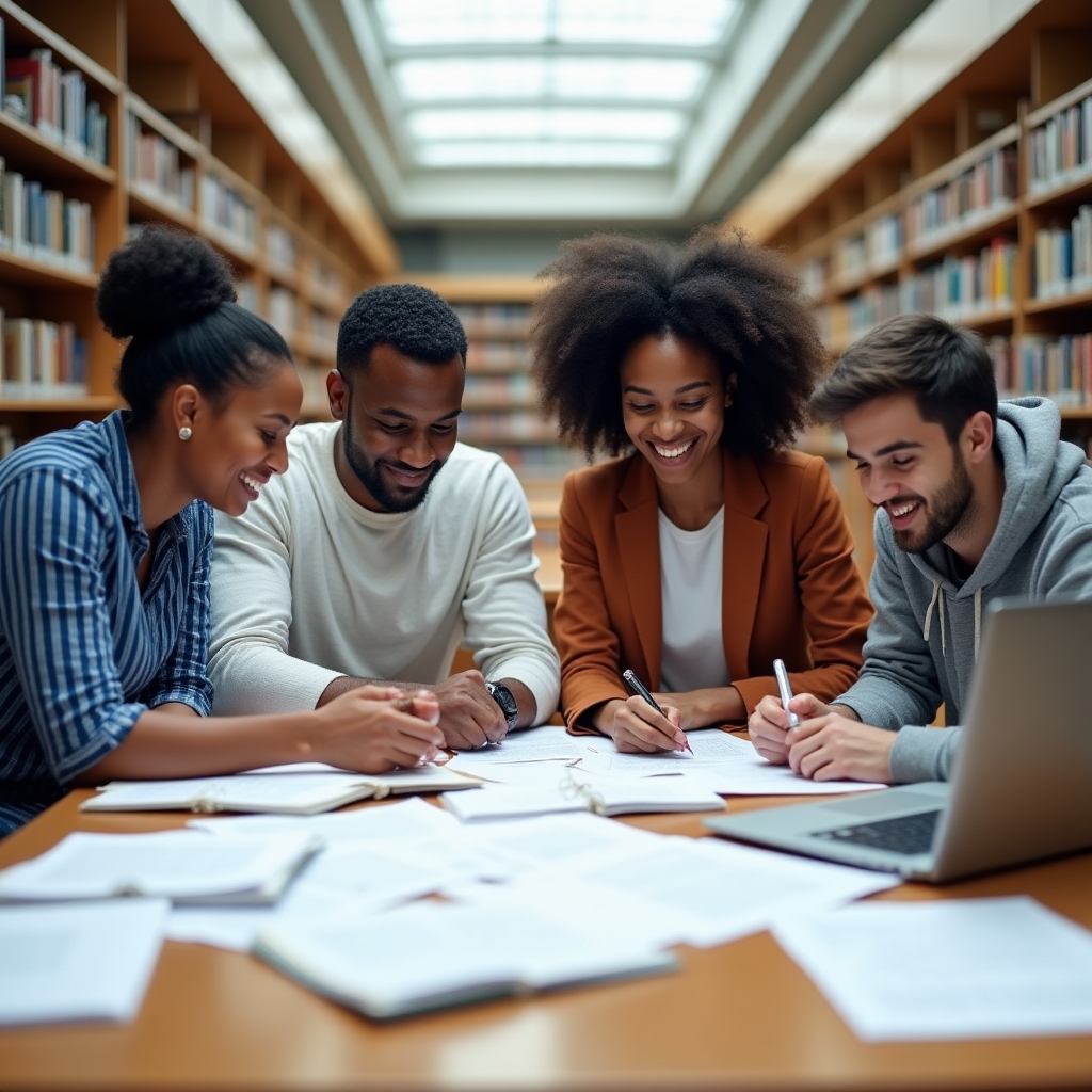 Diverse group of young adults studying together at a university library table, sharing notes and working on financial planning materials