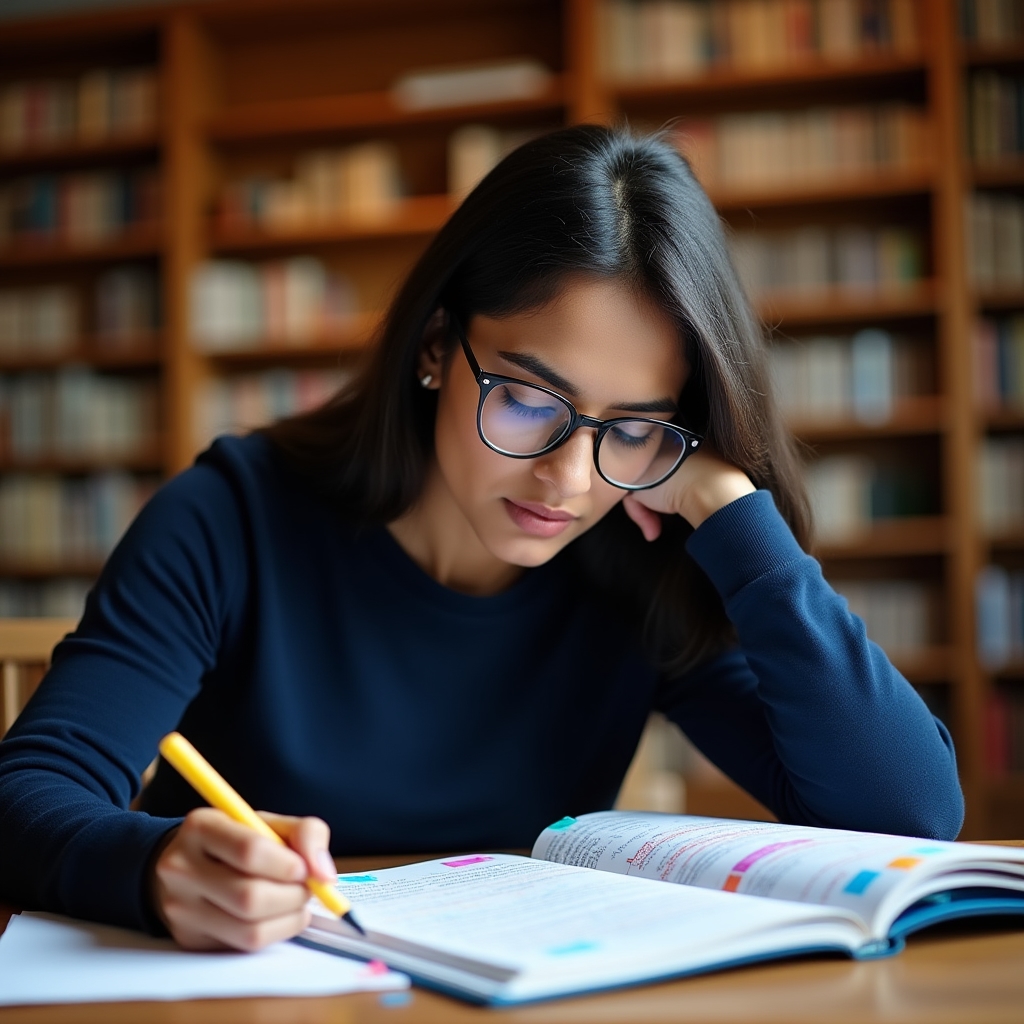 A focused student working through a financial planning workbook at a library desk