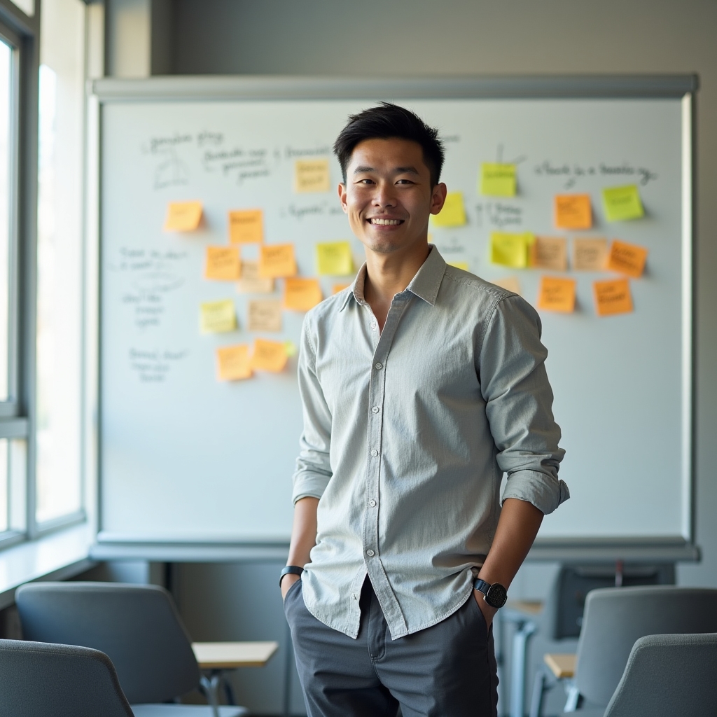 Person mapping financial goals on sticky notes arranged on a whiteboard in a bright study room