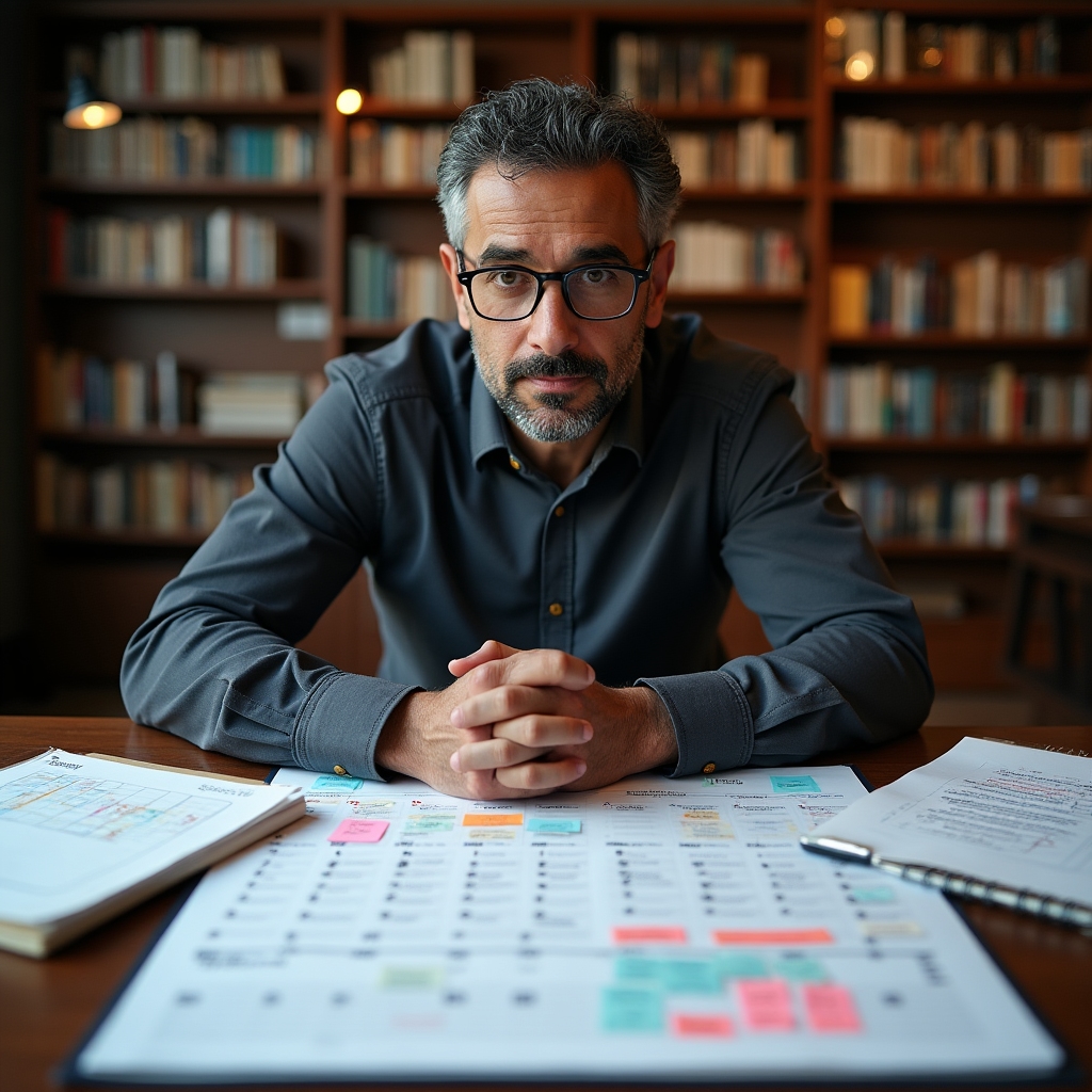 Man reviewing a year of financial progress on a large desk calendar with charts and notes in a library setting
