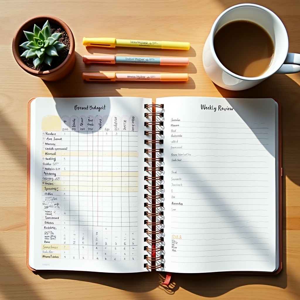 Open notebook with handwritten weekly budget tracker and colored markers on a wooden desk