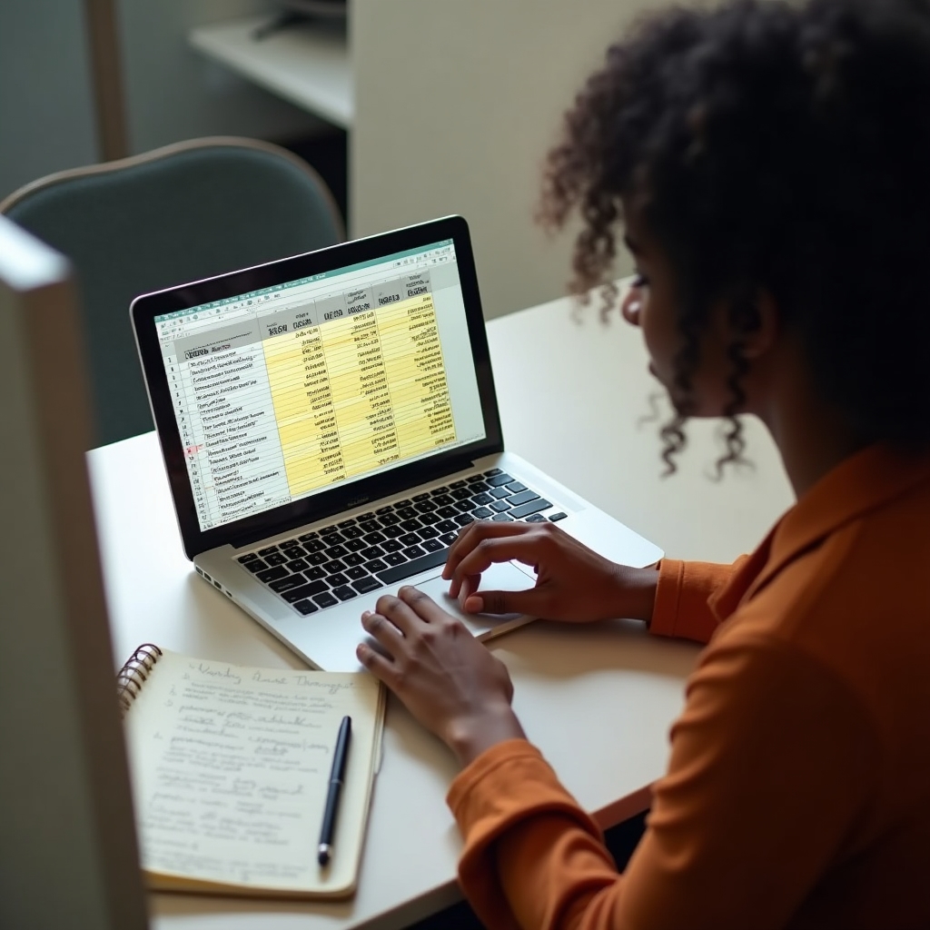 Close-up of hands setting up a digital tracking spreadsheet on a laptop with financial data visible