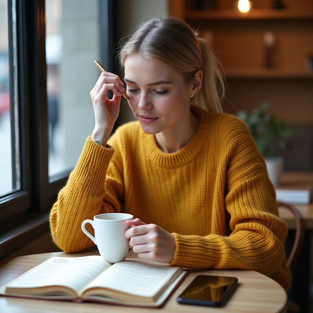 Young woman conducting a weekly financial review at a cafe table with journal and coffee, looking thoughtful and focused